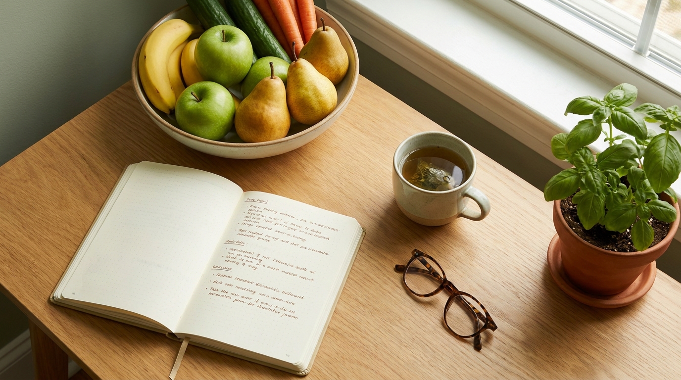 A dietitian's desk with notebook and fresh fruit