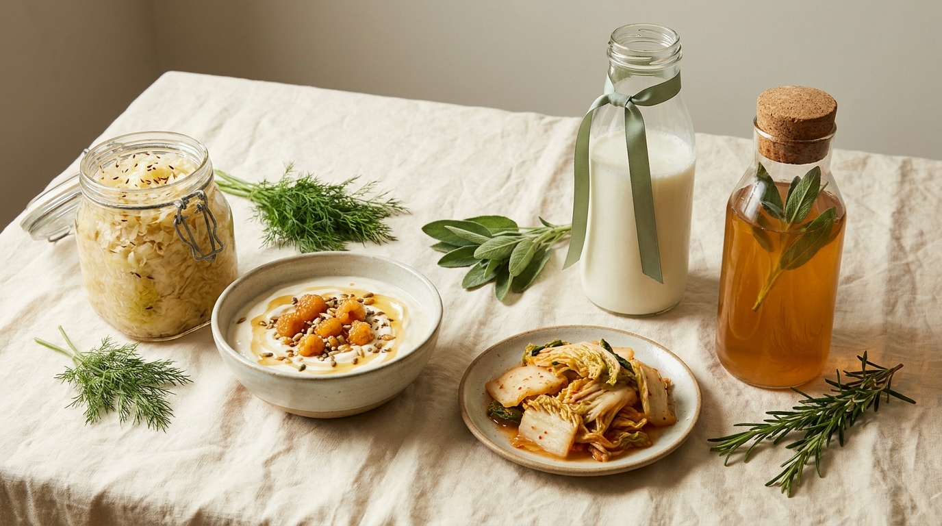 Fermented foods on cream linen