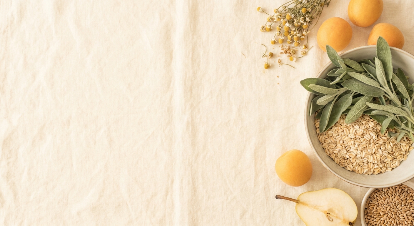 Fresh wholesome ingredients: sage, oats and golden fruit on linen
