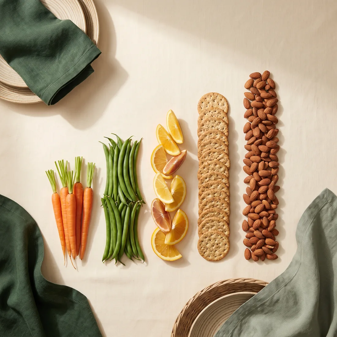 Fresh ingredients arranged in neat ascending columns like a bar chart