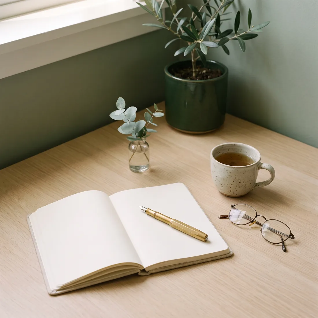 A notebook, fountain pen, cup of tea and reading glasses on a warm desk