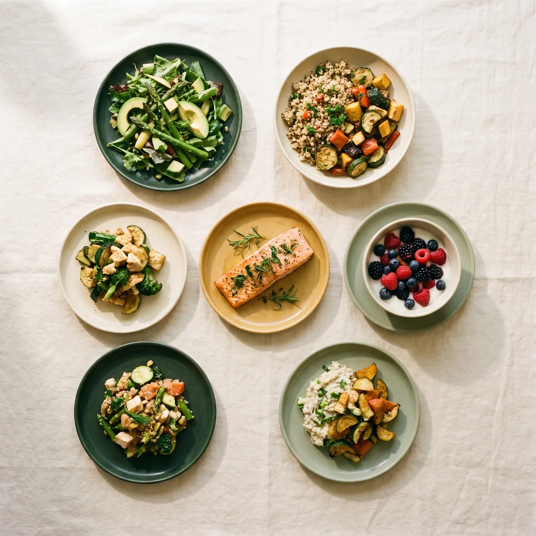 Seven small plates of home-cooked meals arranged like a planned week
