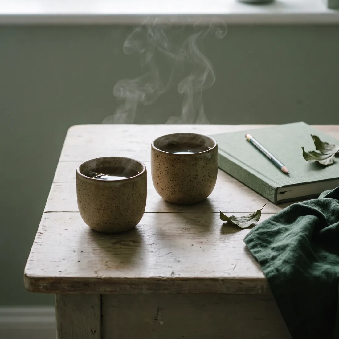 Two cups of herbal tea and a journal, a regular catch-up